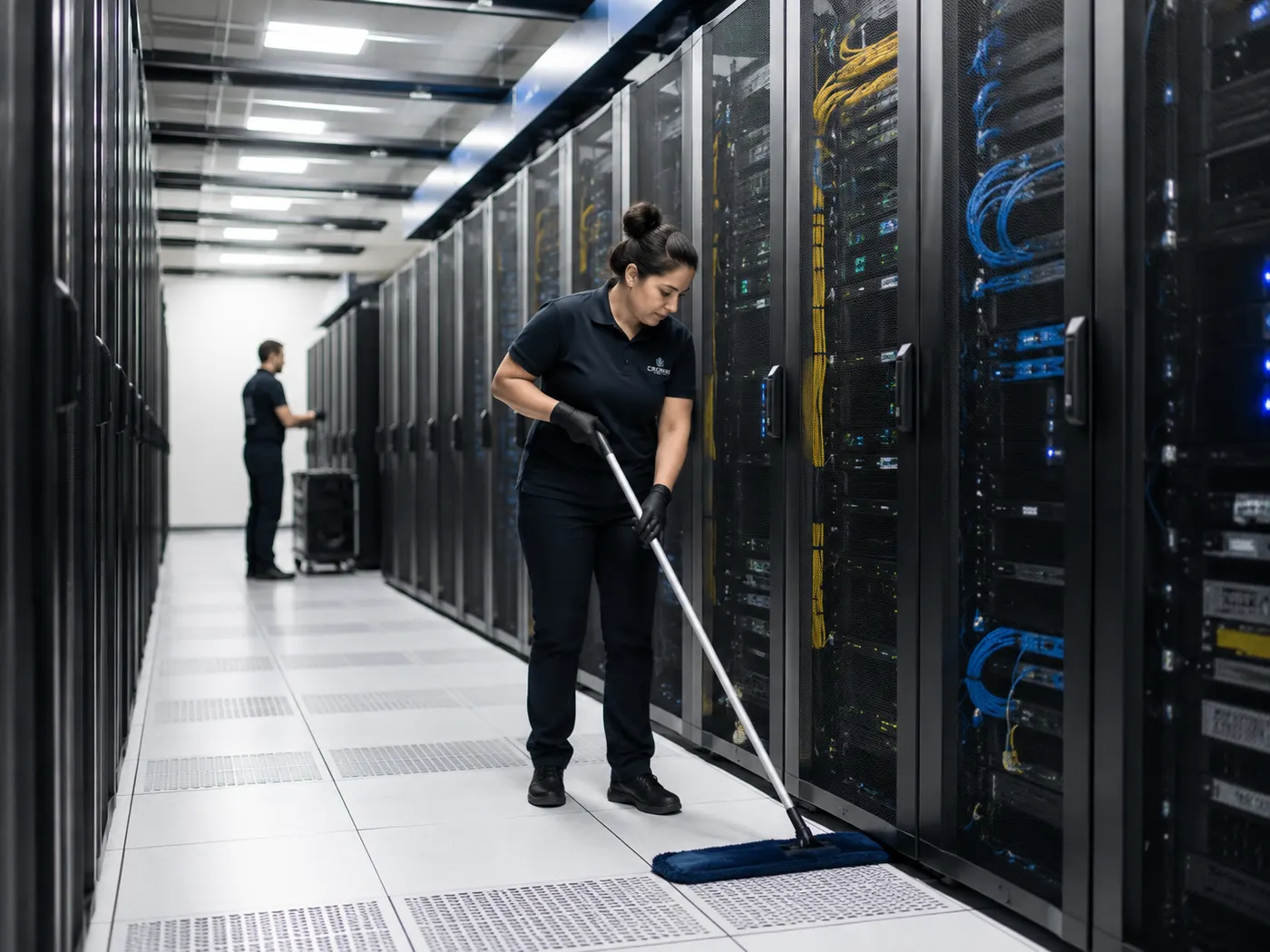 Data center aisle lined with server racks being cleaned